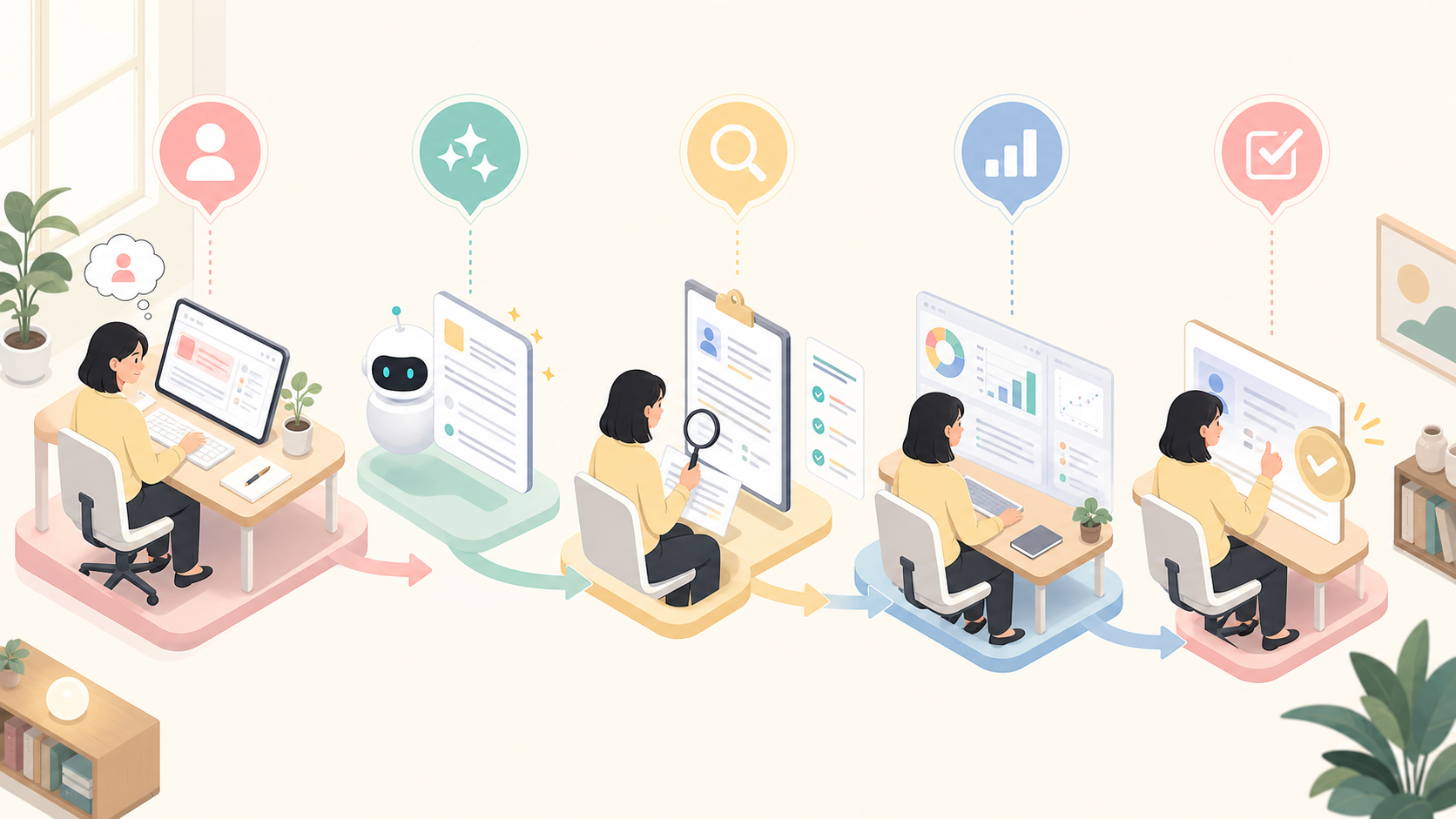 ภาพลำดับการทำงานร่วมกันระหว่างผู้เชี่ยวชาญ HR และ AI ตั้งแต่สร้างร่าง ตรวจหลักฐาน วิเคราะห์ข้อมูล จนถึงมนุษย์ตัดสินใจ