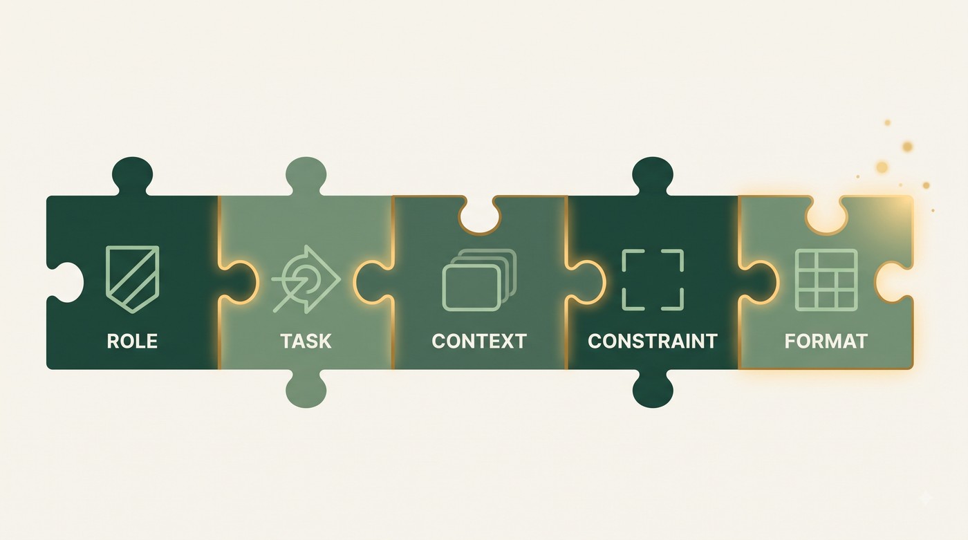 จิ๊กซอว์ 5 ชิ้นต่อกันแทนสูตร Prompt — ROLE + TASK + CONTEXT + CONSTRAINT + FORMAT